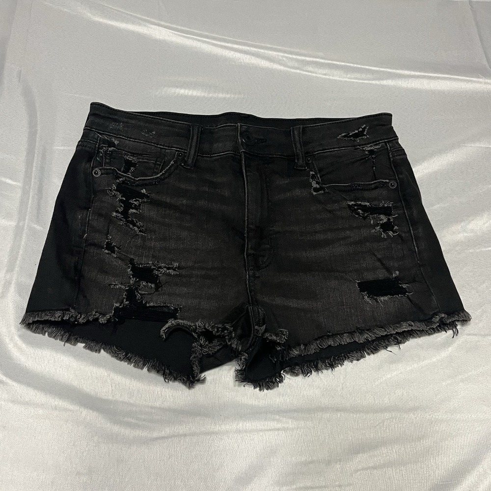 American Eagle Micro Mini Jean Shorts Size 8 High Rise Black Denim‎ Distressed